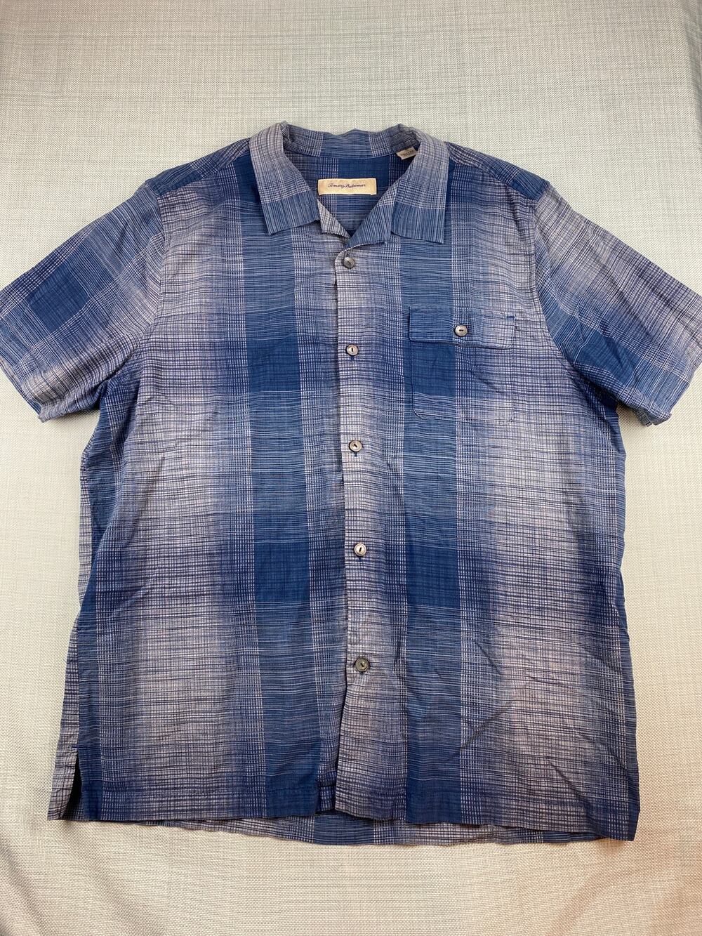 Mens Tommy Bahama Camp Shirt sz XXL Silk Blend Blue Plaid Ombre Button Down Top
